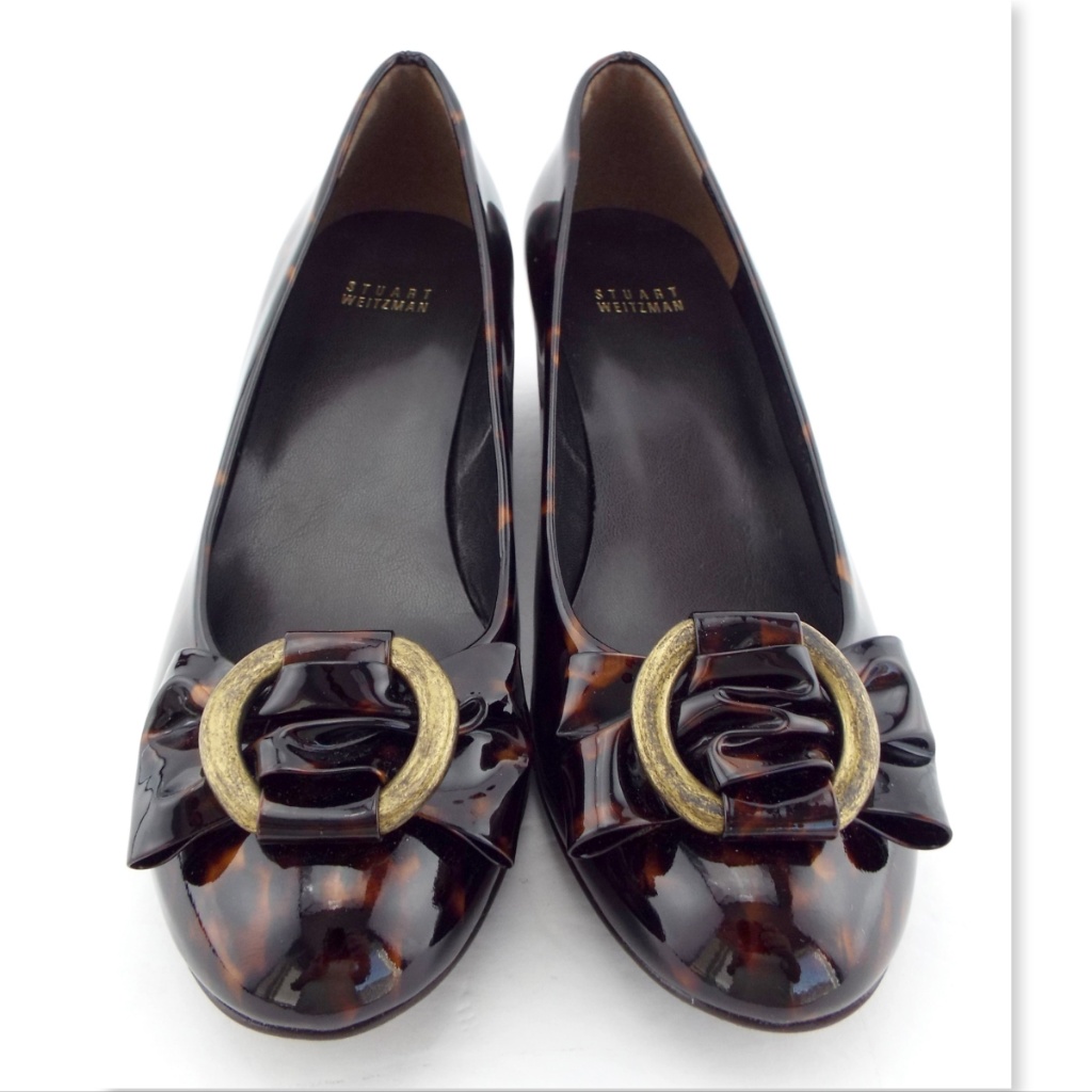 Stuart Weitzman Tortoise Patent Leather Buckled Bow Wedge Heel Pumps 8.5